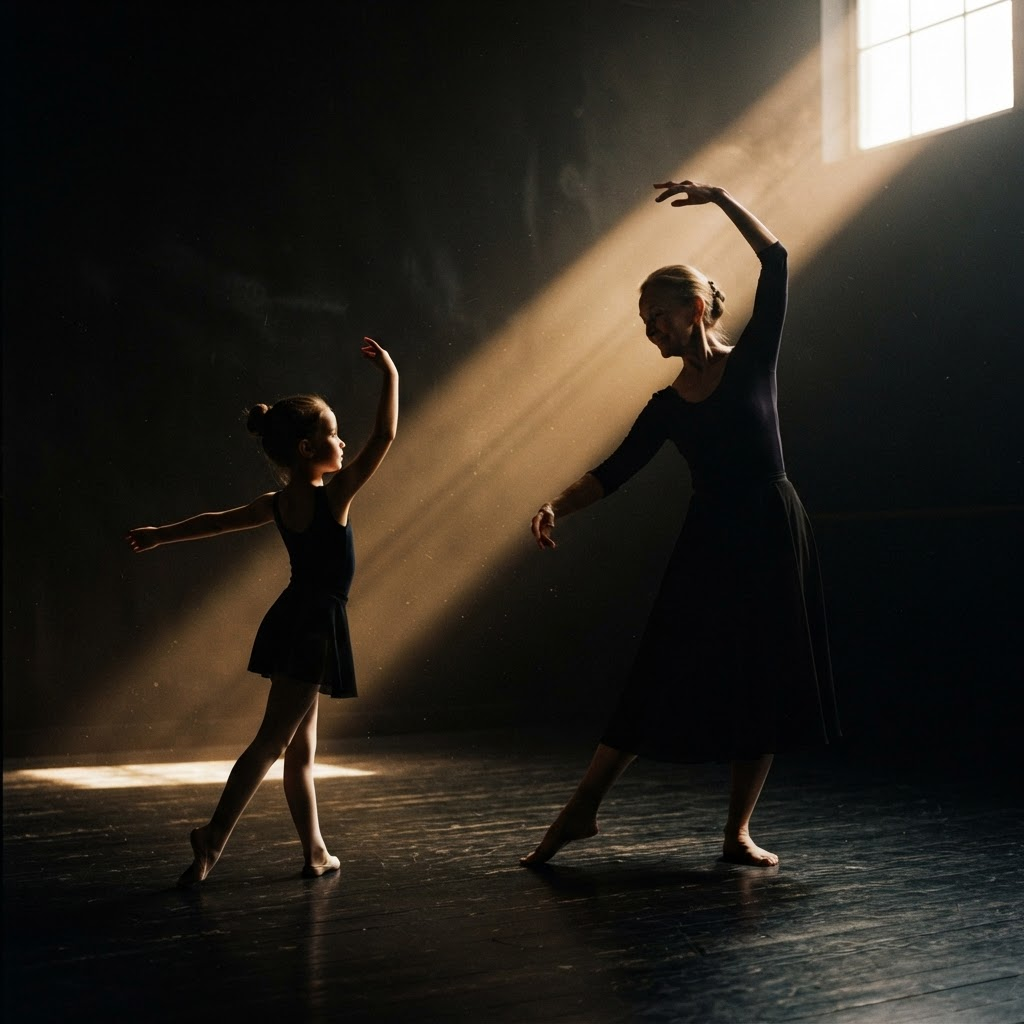 Dos bailarines de edades muy distintas comparten un estudio en penumbra