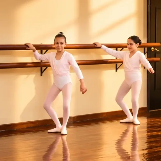 Bailarina adolescente en arabesque en un estudio oscuro